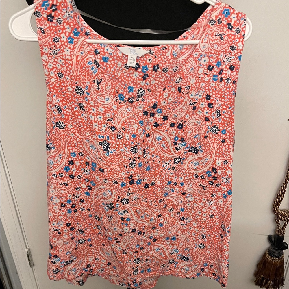 Time and Tru Coral Paisley Tank with Blue and White Accents